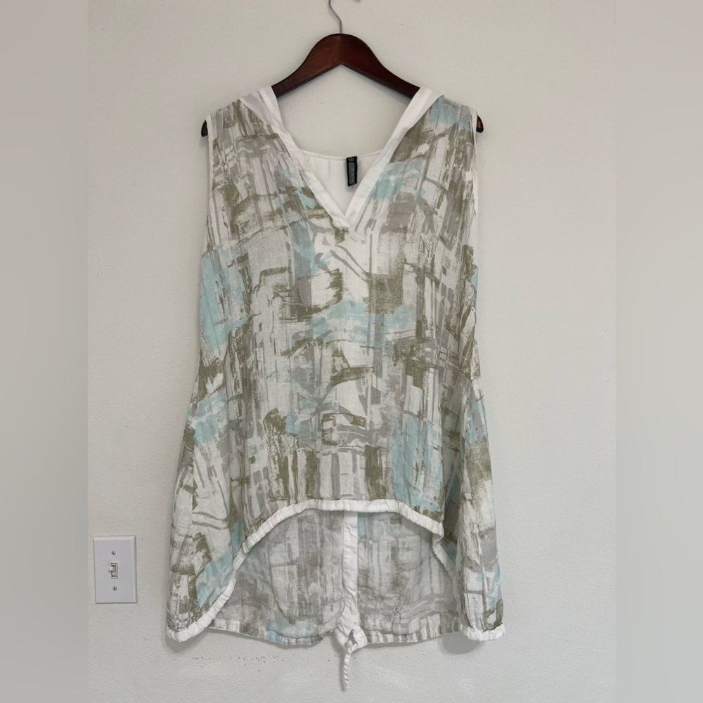 Inizio Italy Linen Lagenlook Abstract Paint Print Hooded V-Neck Tunic Dress